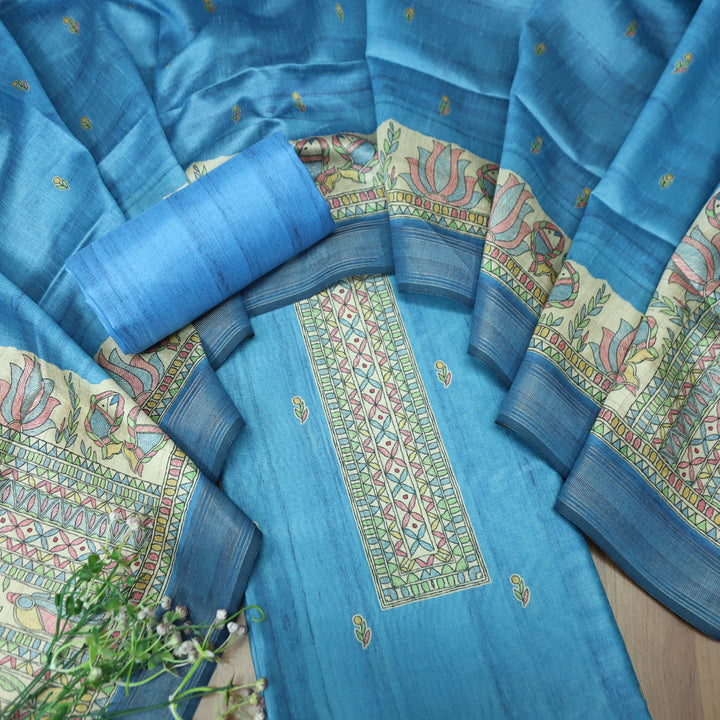 Rajwahini Prussian Blue Madhubai Print Neck and Hemline Art Silk Tussar Set