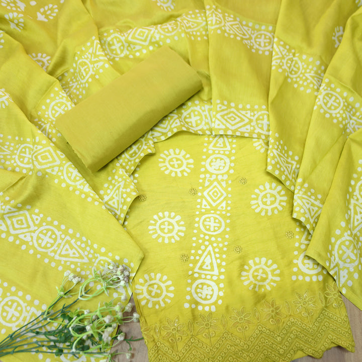 Kranti Lemon Yellow All Over Batik Printed with Lace Work Hem Cotton Suit Set