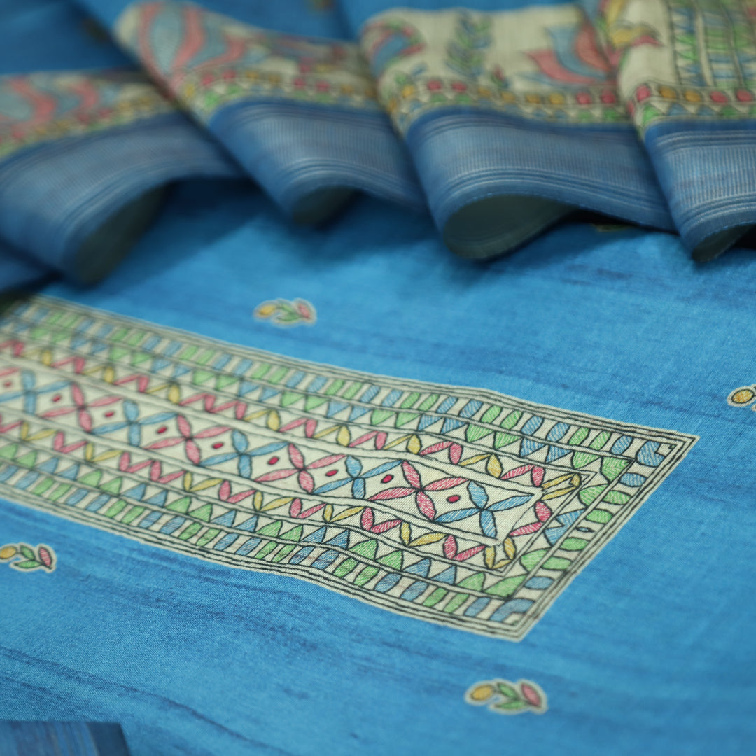 Rajwahini Prussian Blue Madhubai Print Neck and Hemline Art Silk Tussar Set