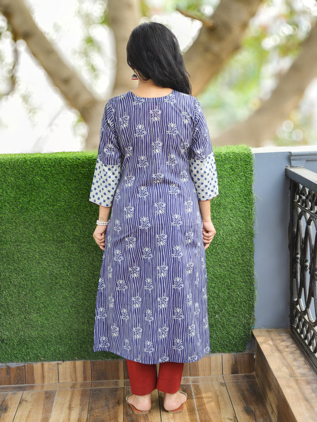 Mehram Indigo Blue Dabu Panel A-Line Cotton Kurti
