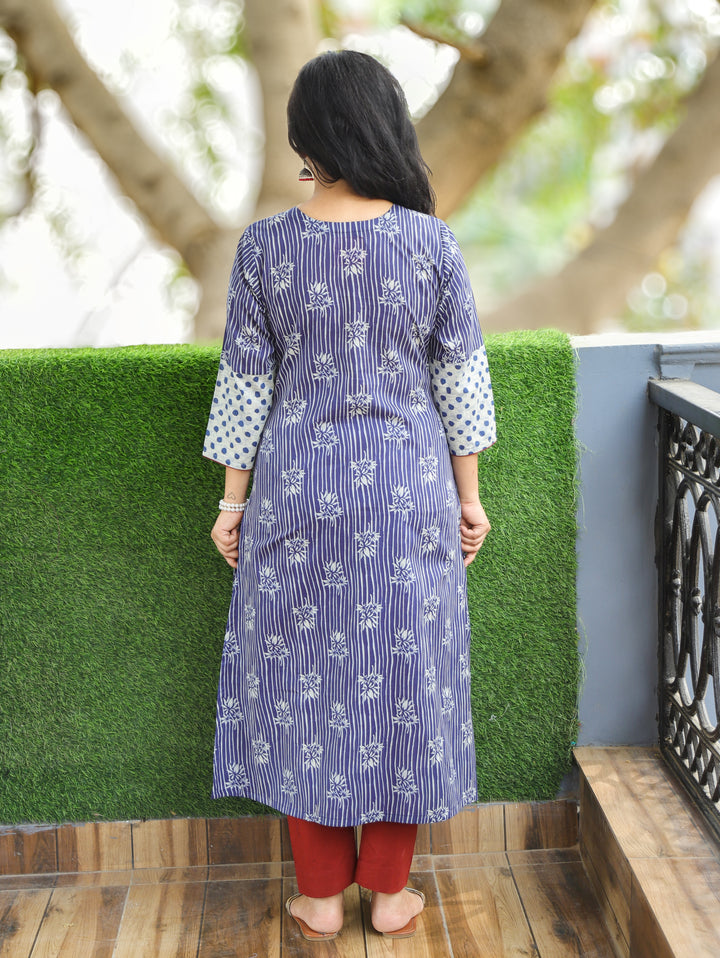 Mehram Indigo Blue Dabu Panel A-Line Cotton Kurti