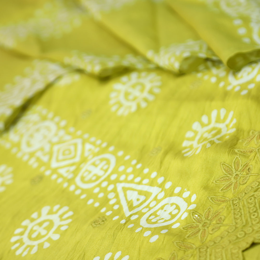 Kranti Lemon Yellow All Over Batik Printed with Lace Work Hem Cotton Suit Set