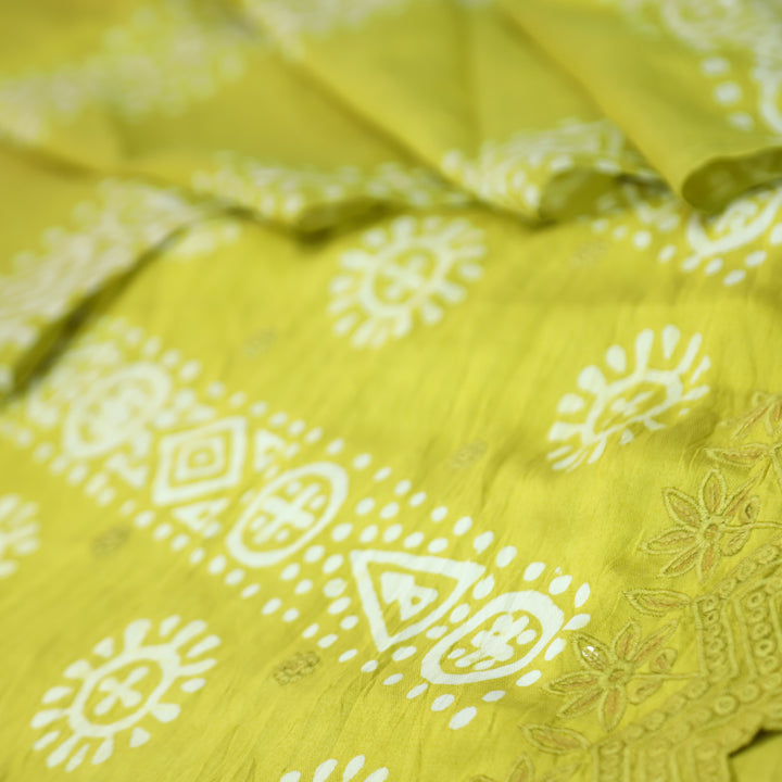 Kranti Lemon Yellow All Over Batik Printed with Lace Work Hem Cotton Suit Set