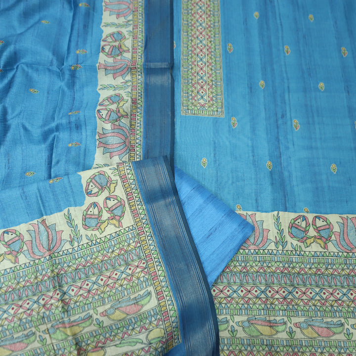 Rajwahini Prussian Blue Madhubai Print Neck and Hemline Art Silk Tussar Set