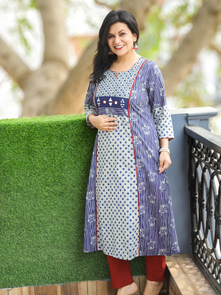 Mehram Indigo Blue Dabu Panel A-Line Cotton Kurti