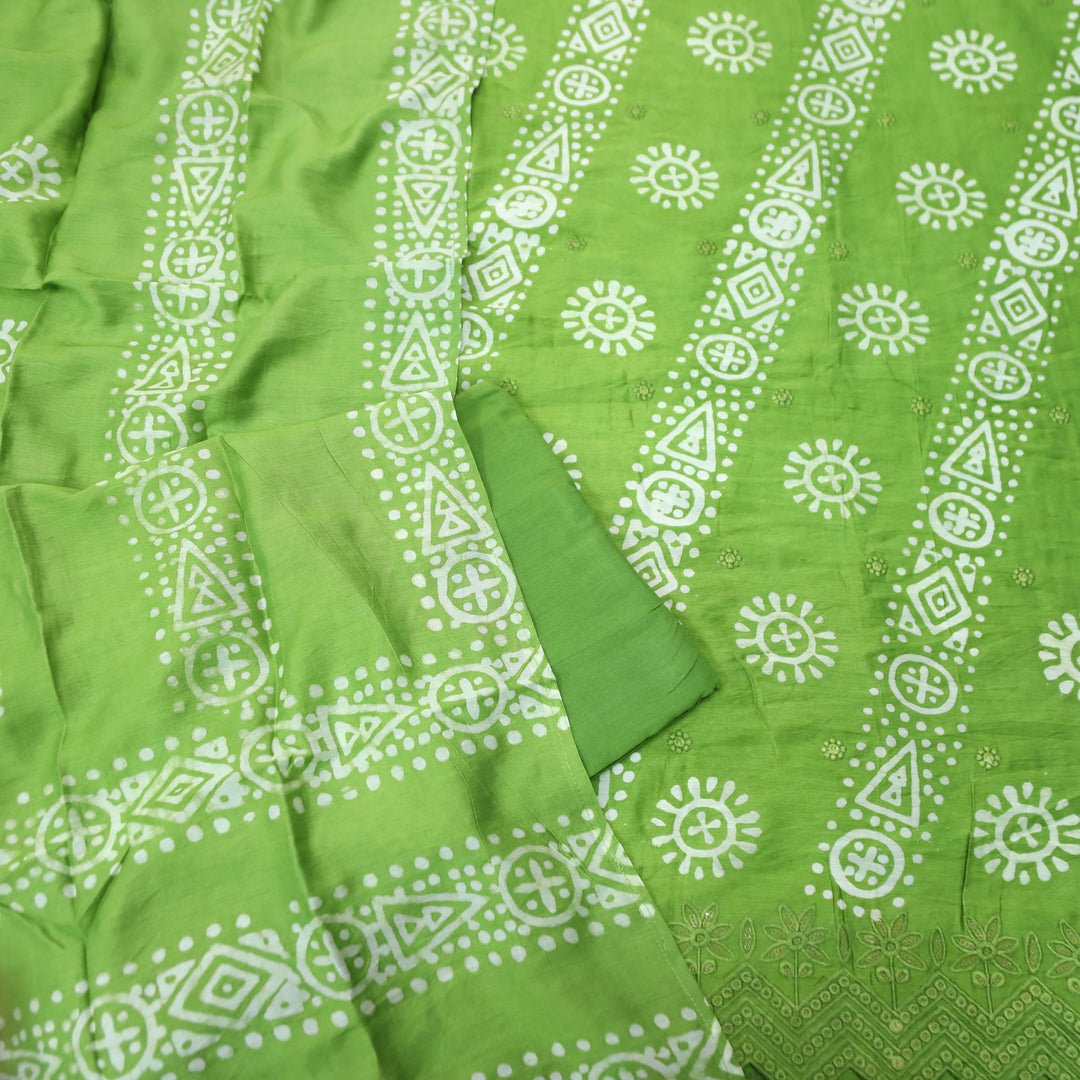 Kranti Parrot Green All Over Batik Printed with Lace Work Hem Cotton Suit Set
