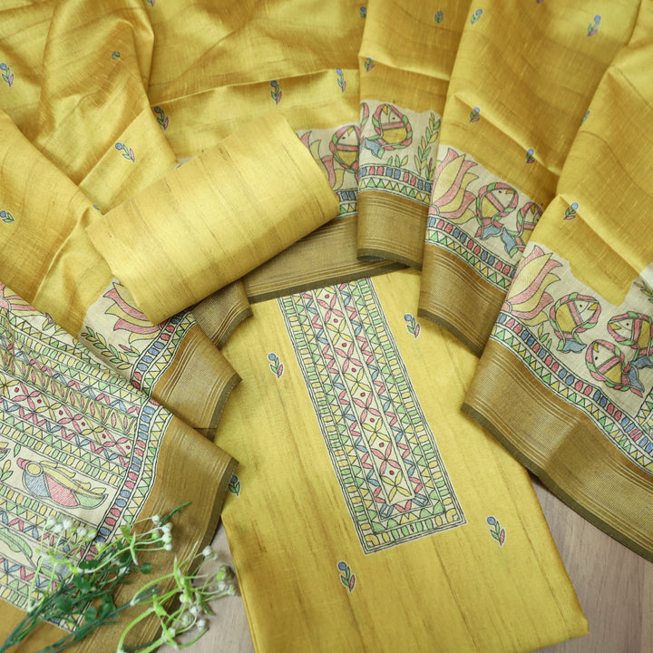 Rajwahini Butter Yellow Madhubai Print Neck and Hemline Art Silk Tussar Set