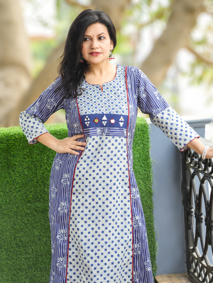 Mehram Indigo Blue Dabu Panel A-Line Cotton Kurti