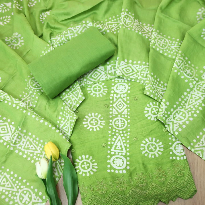 Kranti Parrot Green All Over Batik Printed with Lace Work Hem Cotton Suit Set