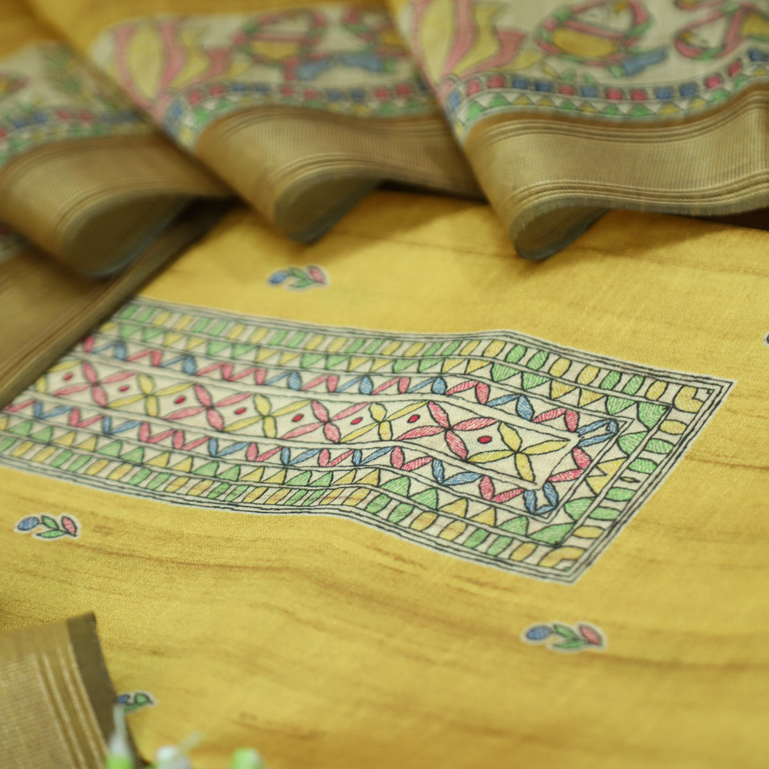 Rajwahini Butter Yellow Madhubai Print Neck and Hemline Art Silk Tussar Set
