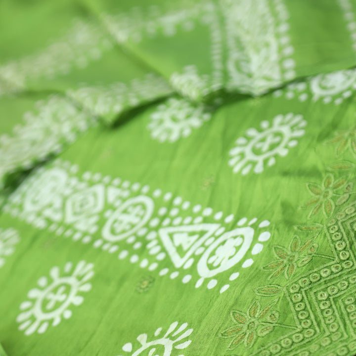 Kranti Parrot Green All Over Batik Printed with Lace Work Hem Cotton Suit Set