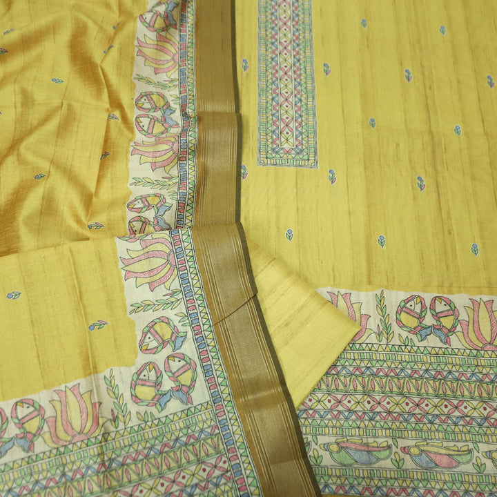 Rajwahini Butter Yellow Madhubai Print Neck and Hemline Art Silk Tussar Set