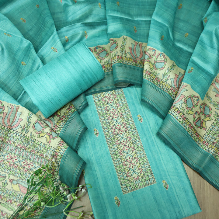 Rajwahini Aqua Sky Madhubai Print Neck and Hemline Art Silk Tussar Set