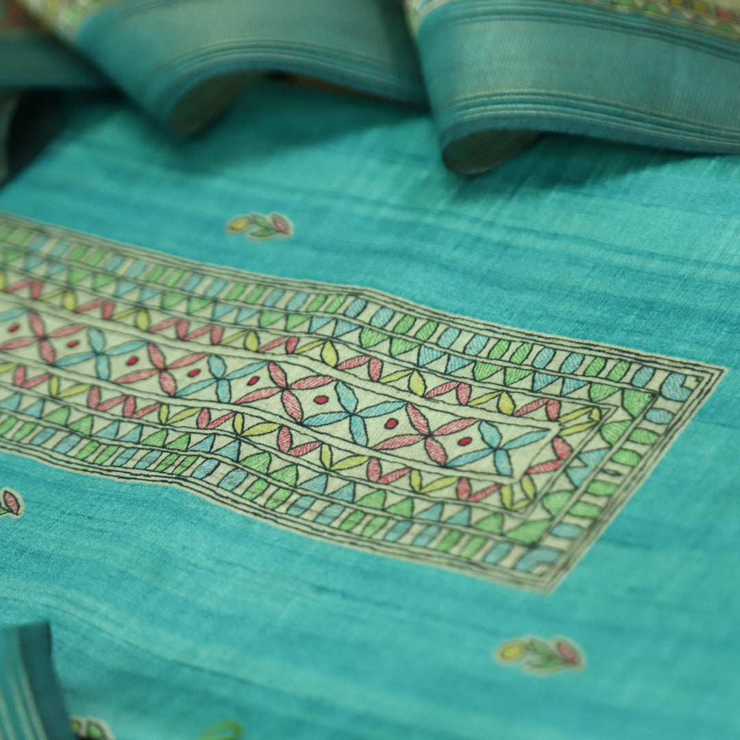 Rajwahini Aqua Sky Madhubai Print Neck and Hemline Art Silk Tussar Set