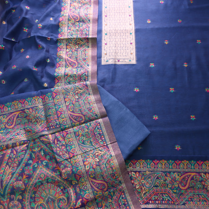 Hamsafar Navy Blue Thread with Zari Authentic Jamdani Weaved Hem Suit Set