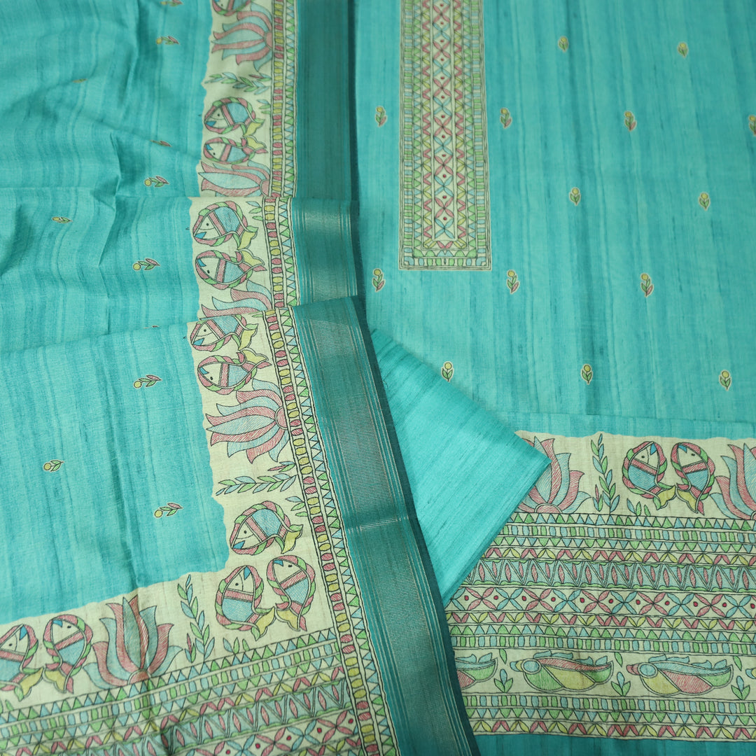 Rajwahini Aqua Sky Madhubai Print Neck and Hemline Art Silk Tussar Set