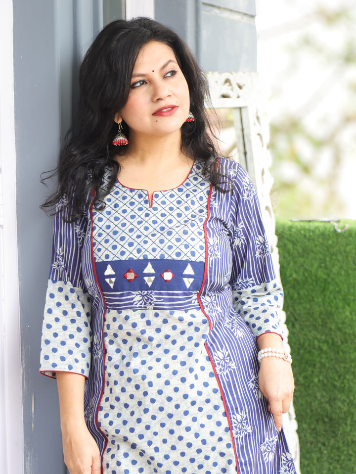Mehram Indigo Blue Dabu Panel A-Line Cotton Kurti