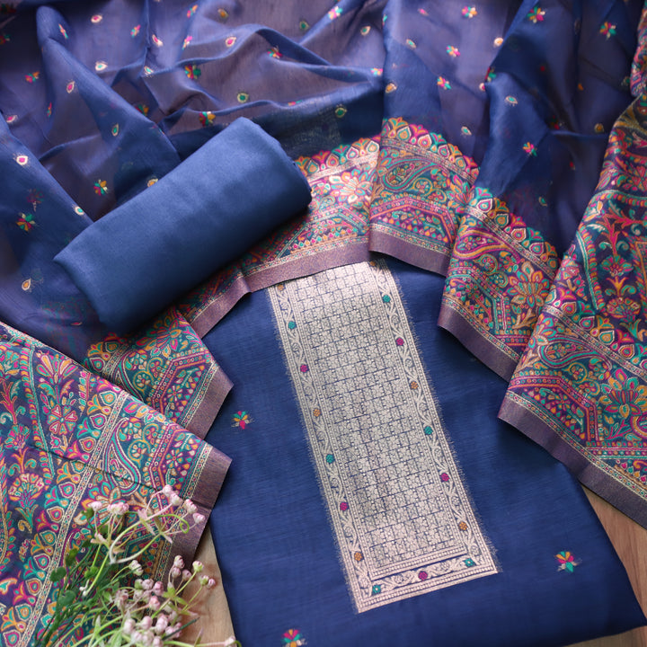 Hamsafar Navy Blue Thread with Zari Authentic Jamdani Weaved Hem Suit Set