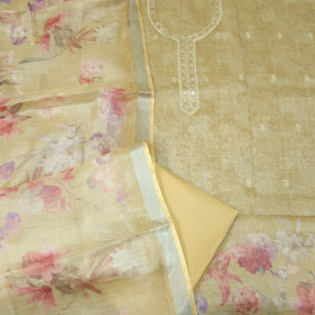 Paalki Sand Beige Thread Embroidered Sequine Shimmer Tissue Linen Set