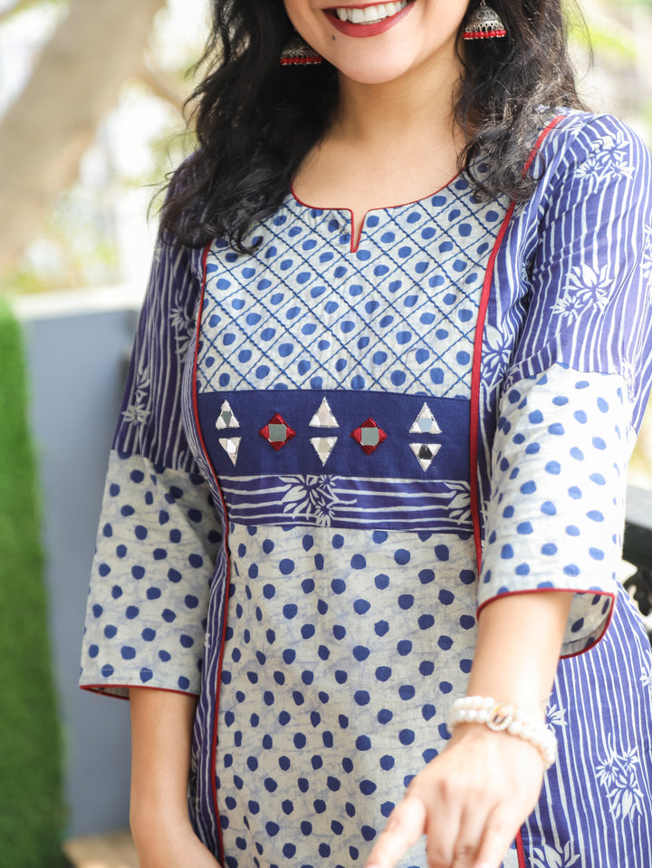Mehram Indigo Blue Dabu Panel A-Line Cotton Kurti