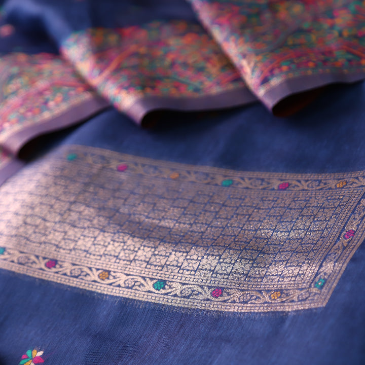 Hamsafar Navy Blue Thread with Zari Authentic Jamdani Weaved Hem Suit Set