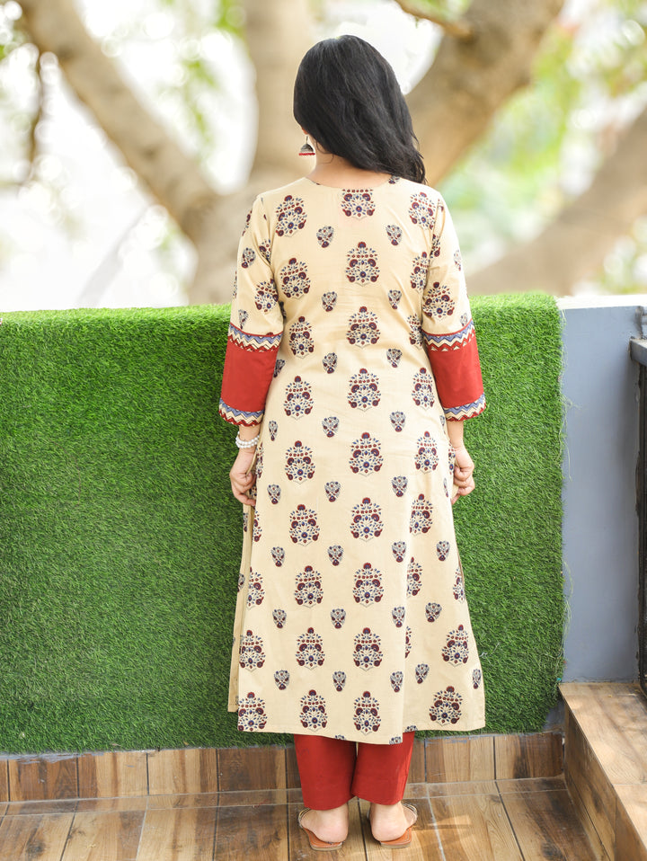 Adikriti Beige V Neck with Mirror Block Print Panel Style Cotton Kurti