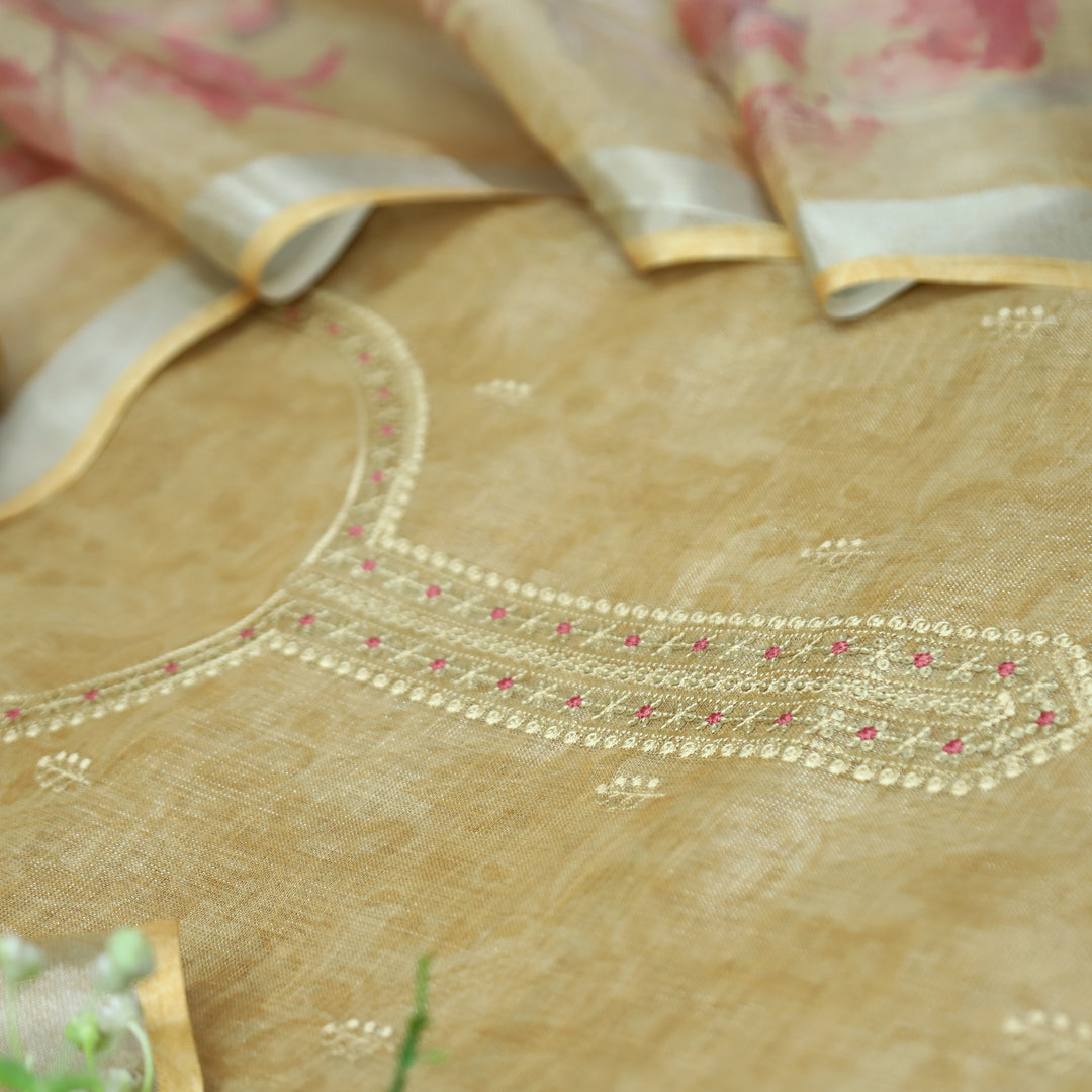 Paalki Sand Beige Thread Embroidered Sequine Shimmer Tissue Linen Set