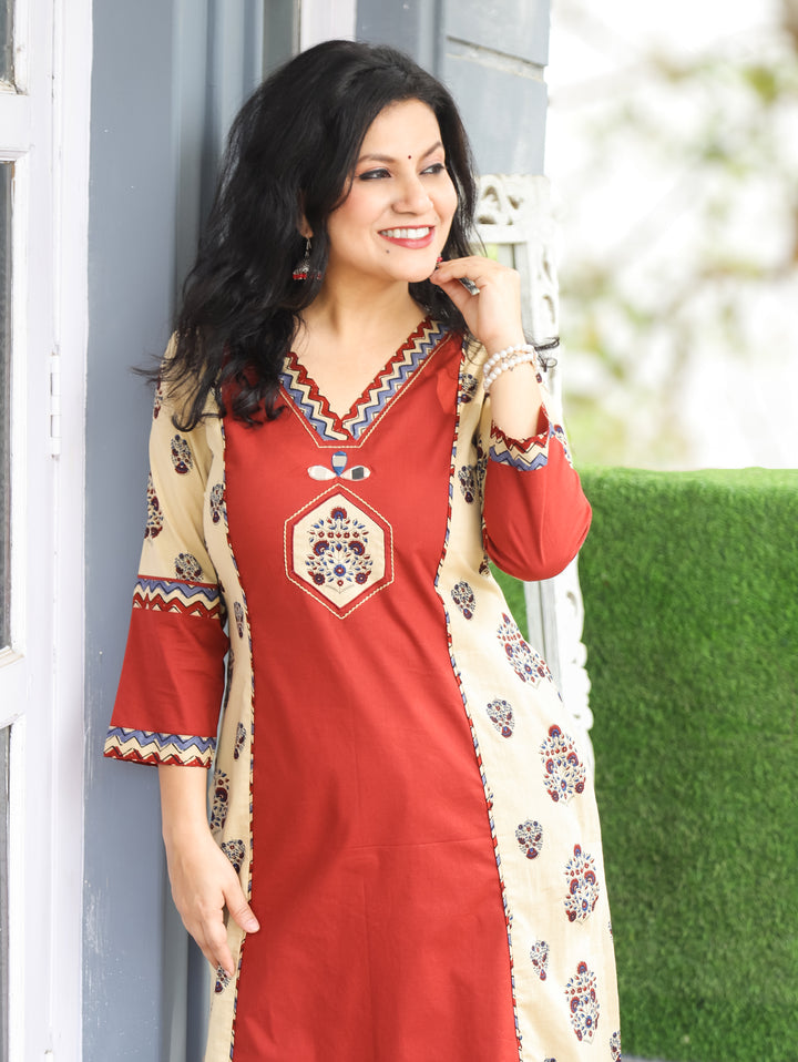 Adikriti Beige V Neck with Mirror Block Print Panel Style Cotton Kurti