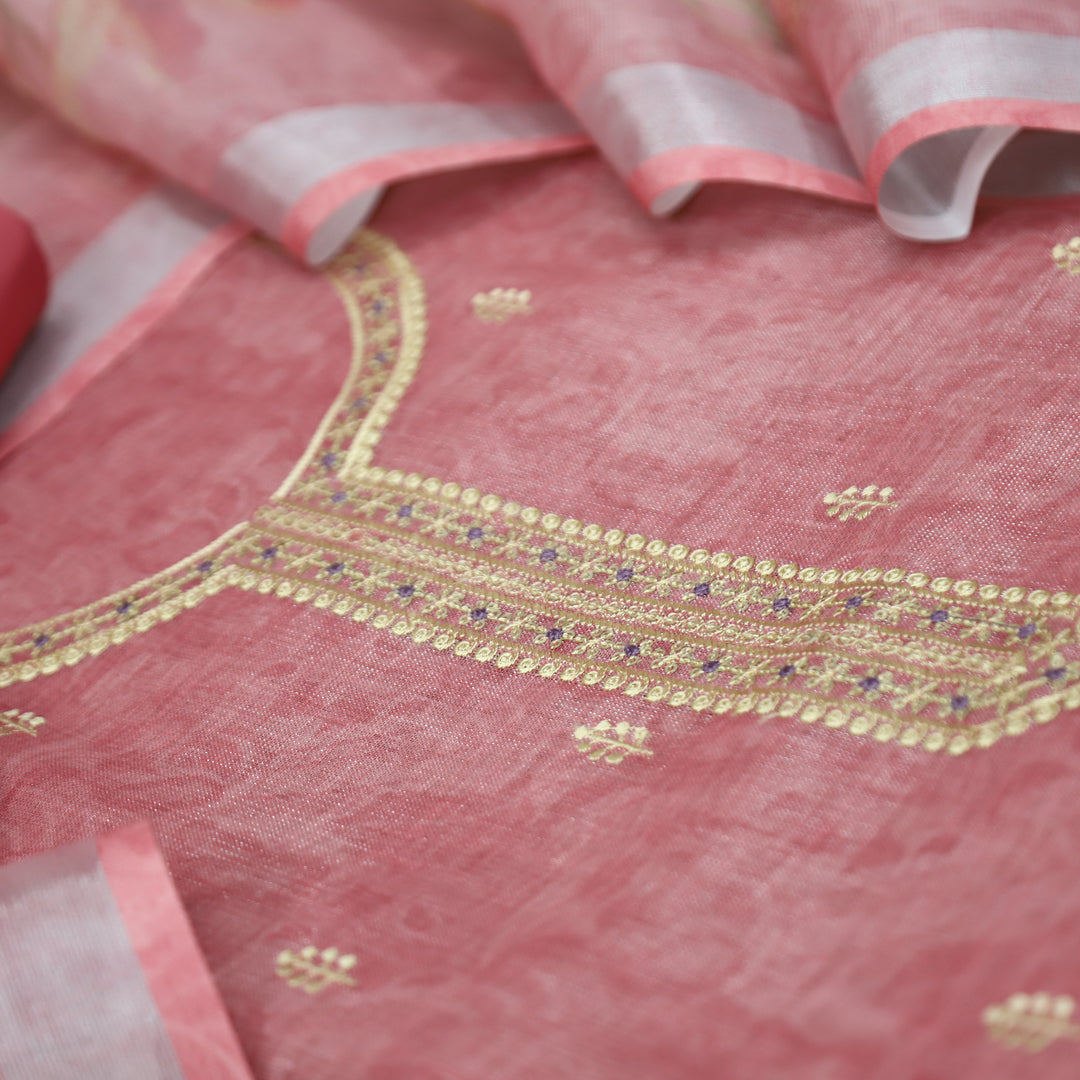 Paalki Blush Pink Thread Embroidered Sequine Shimmer Tissue Linen Set