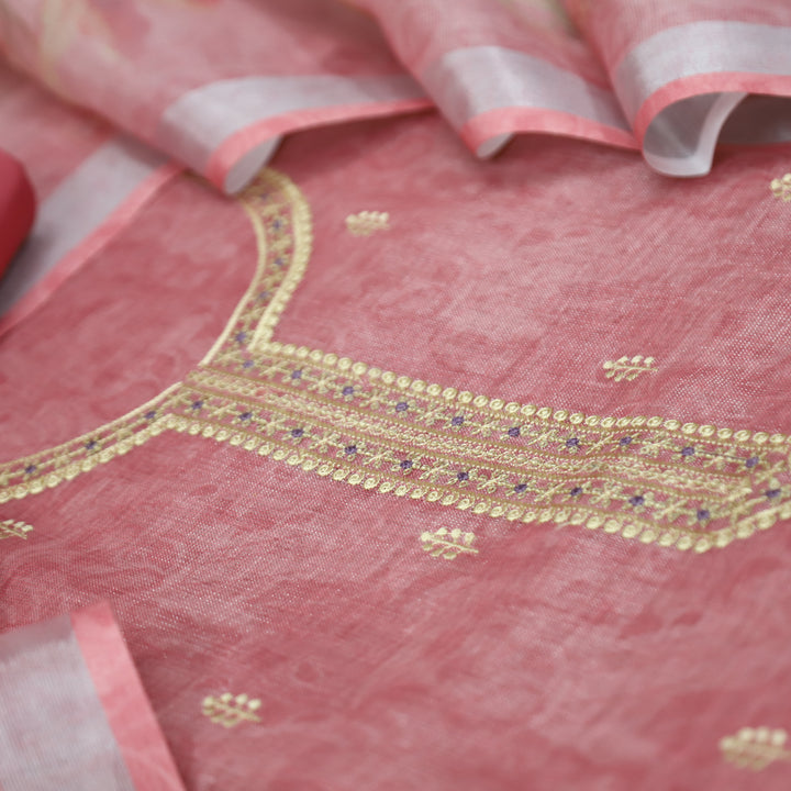 Paalki Blush Pink Thread Embroidered Sequine Shimmer Tissue Linen Set