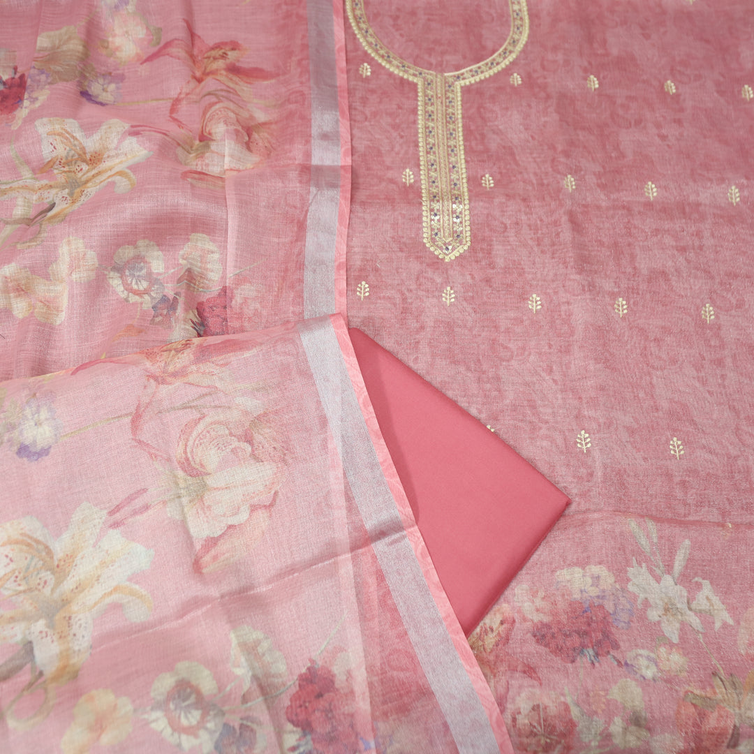 Paalki Blush Pink Thread Embroidered Sequine Shimmer Tissue Linen Set