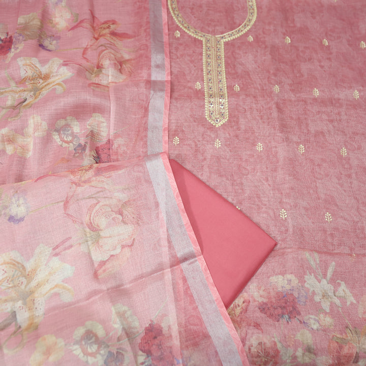 Paalki Blush Pink Thread Embroidered Sequine Shimmer Tissue Linen Set