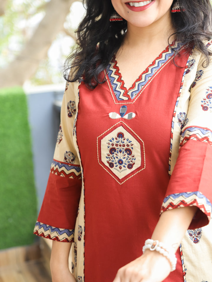 Adikriti Beige V Neck with Mirror Block Print Panel Style Cotton Kurti