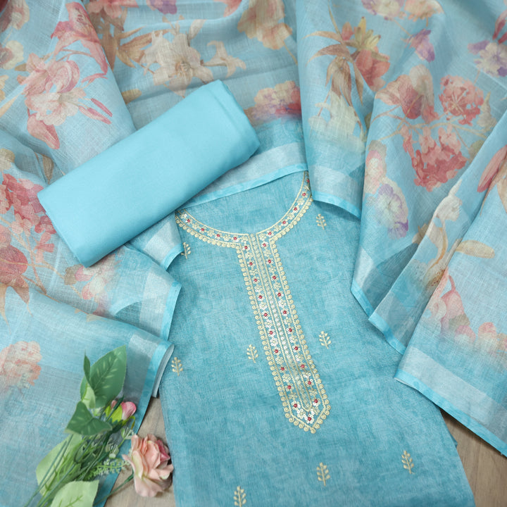 Paalki Powder Blue Thread Embroidered Sequine Shimmer Tissue Linen Set