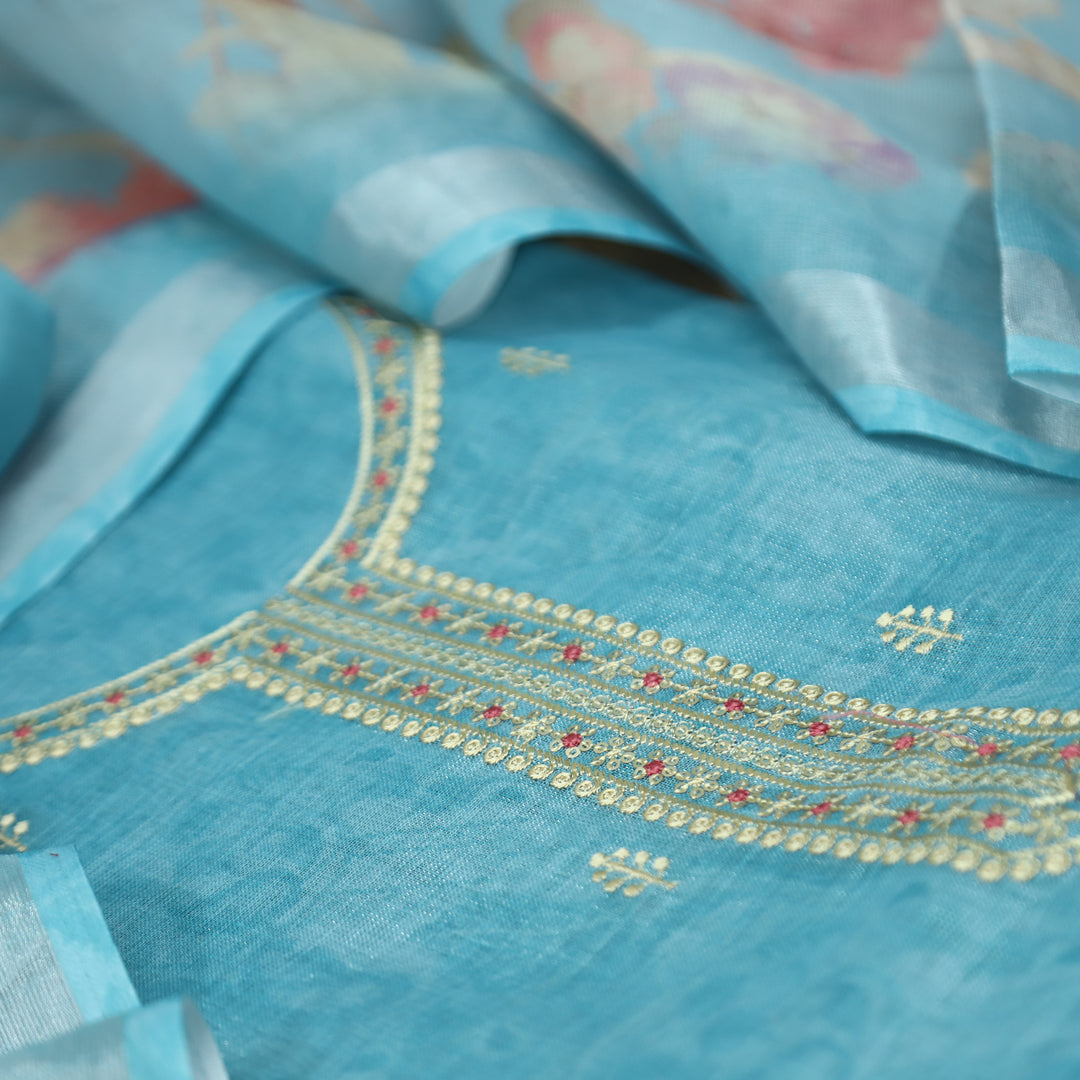 Paalki Powder Blue Thread Embroidered Sequine Shimmer Tissue Linen Set