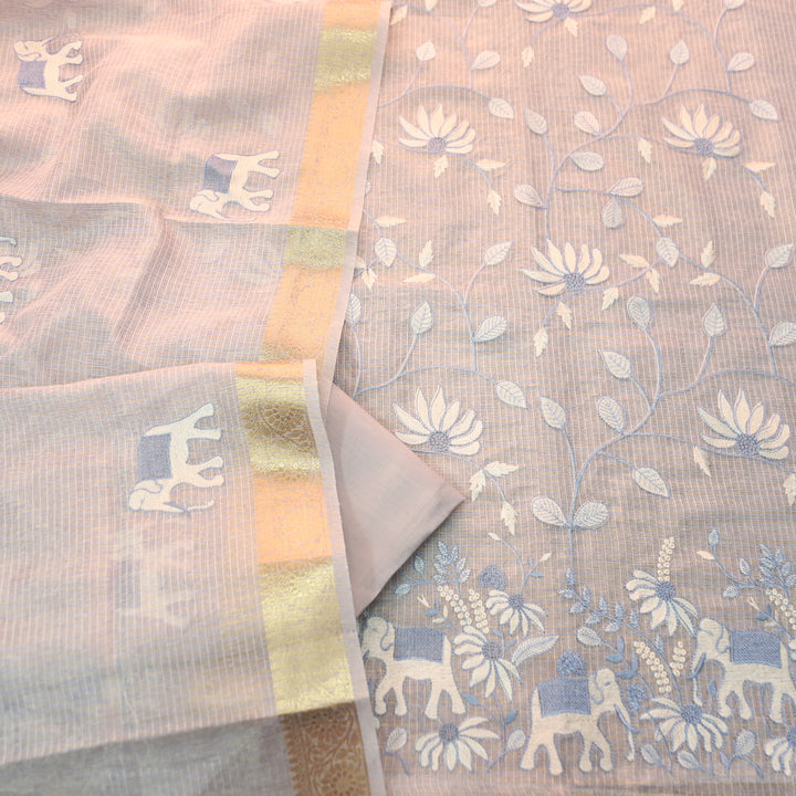 Kudiye Bluish Grey Gajj Embroidered Shimmer Tissue Kota Doriya Set