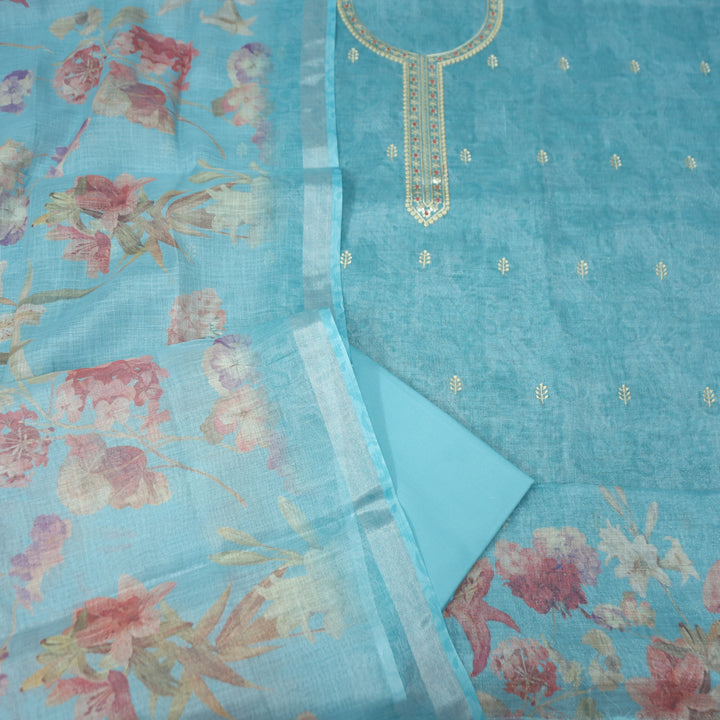 Paalki Powder Blue Thread Embroidered Sequine Shimmer Tissue Linen Set