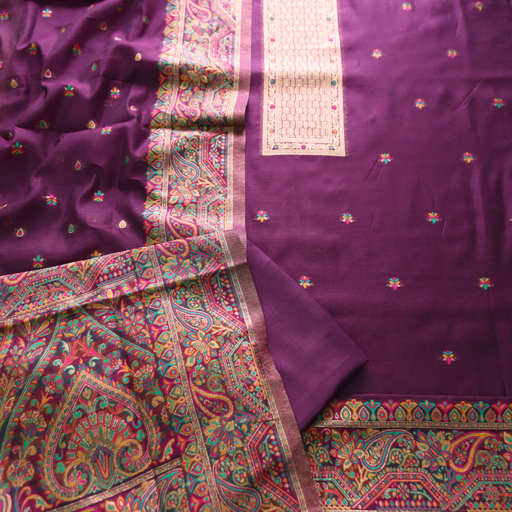 Hamsafar Eggplant Purple Thread with Zari Authentic Jamdani Weaved Hem Suit Set