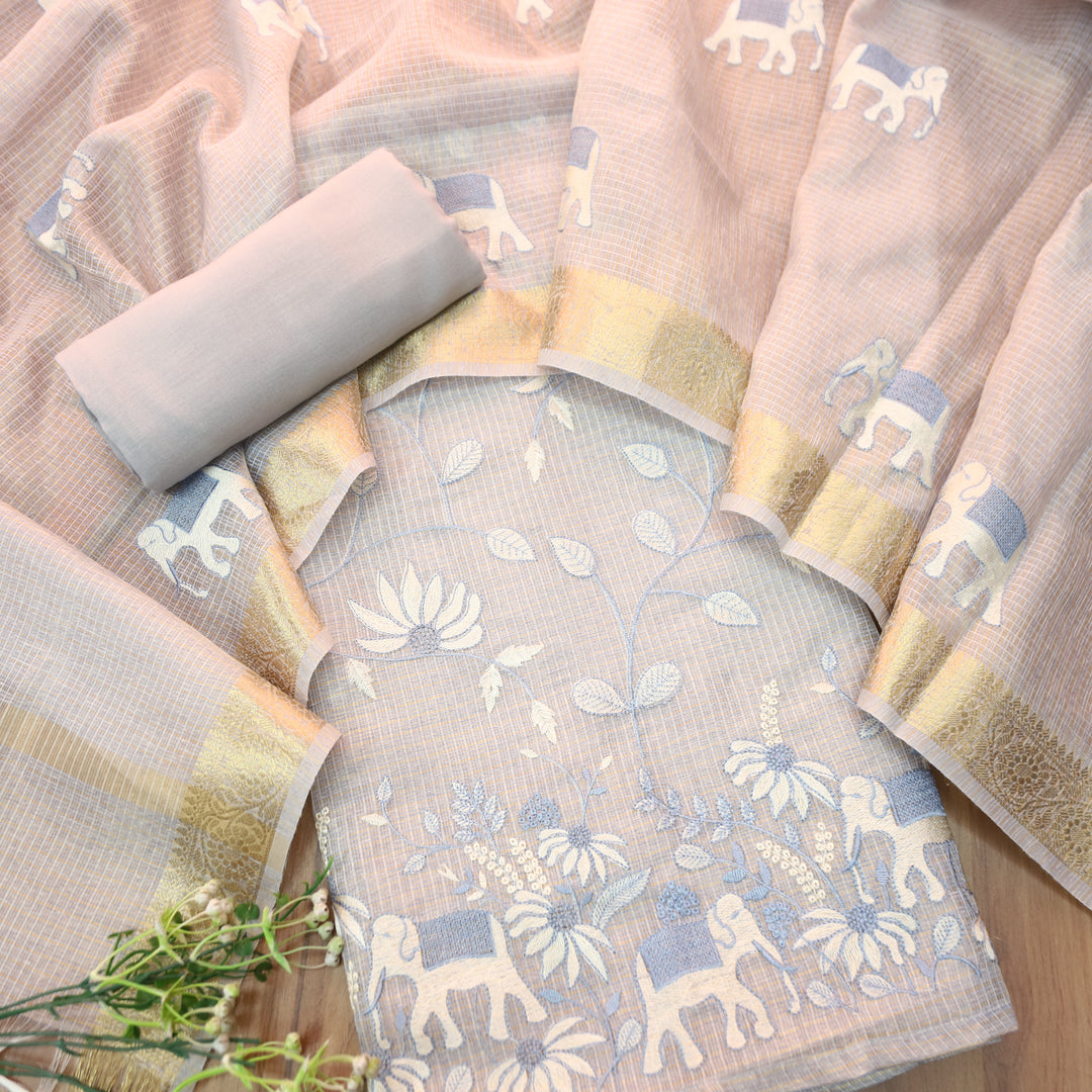 Kudiye Bluish Grey Gajj Embroidered Shimmer Tissue Kota Doriya Set