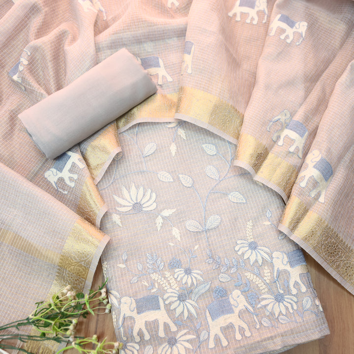 Kudiye Bluish Grey Gajj Embroidered Shimmer Tissue Kota Doriya Set