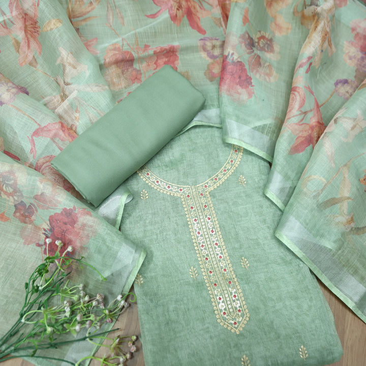 Paalki Sage Green Thread Embroidered Sequine Shimmer Tissue Linen Set