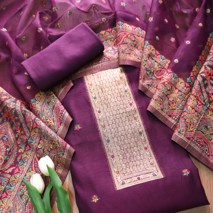 Hamsafar Eggplant Purple Thread with Zari Authentic Jamdani Weaved Hem Suit Set