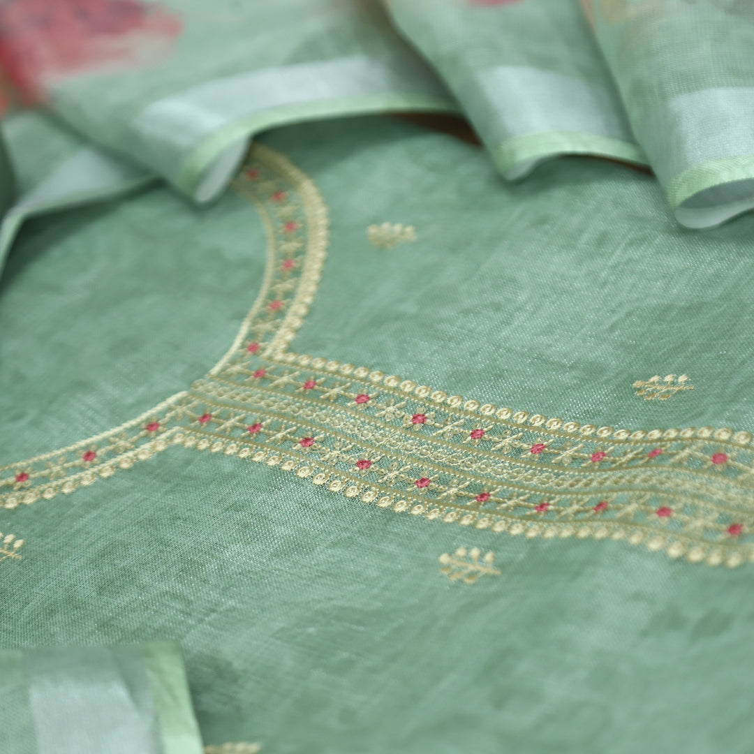 Paalki Sage Green Thread Embroidered Sequine Shimmer Tissue Linen Set