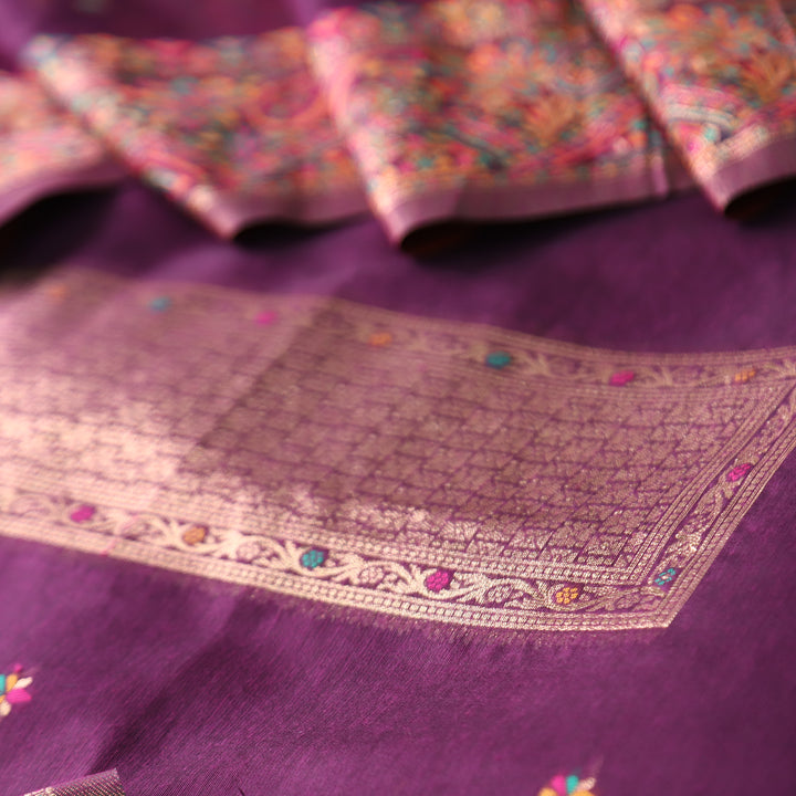 Hamsafar Eggplant Purple Thread with Zari Authentic Jamdani Weaved Hem Suit Set