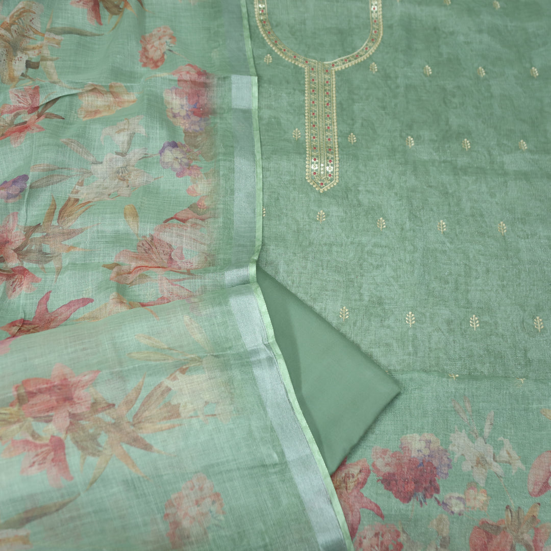 Paalki Sage Green Thread Embroidered Sequine Shimmer Tissue Linen Set