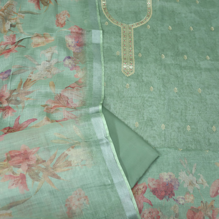 Paalki Sage Green Thread Embroidered Sequine Shimmer Tissue Linen Set