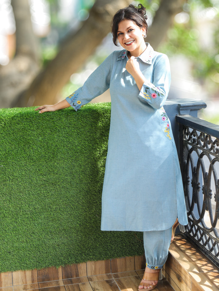 Kaashu Sky Blue Collar Neck Linen 2 Piece Set