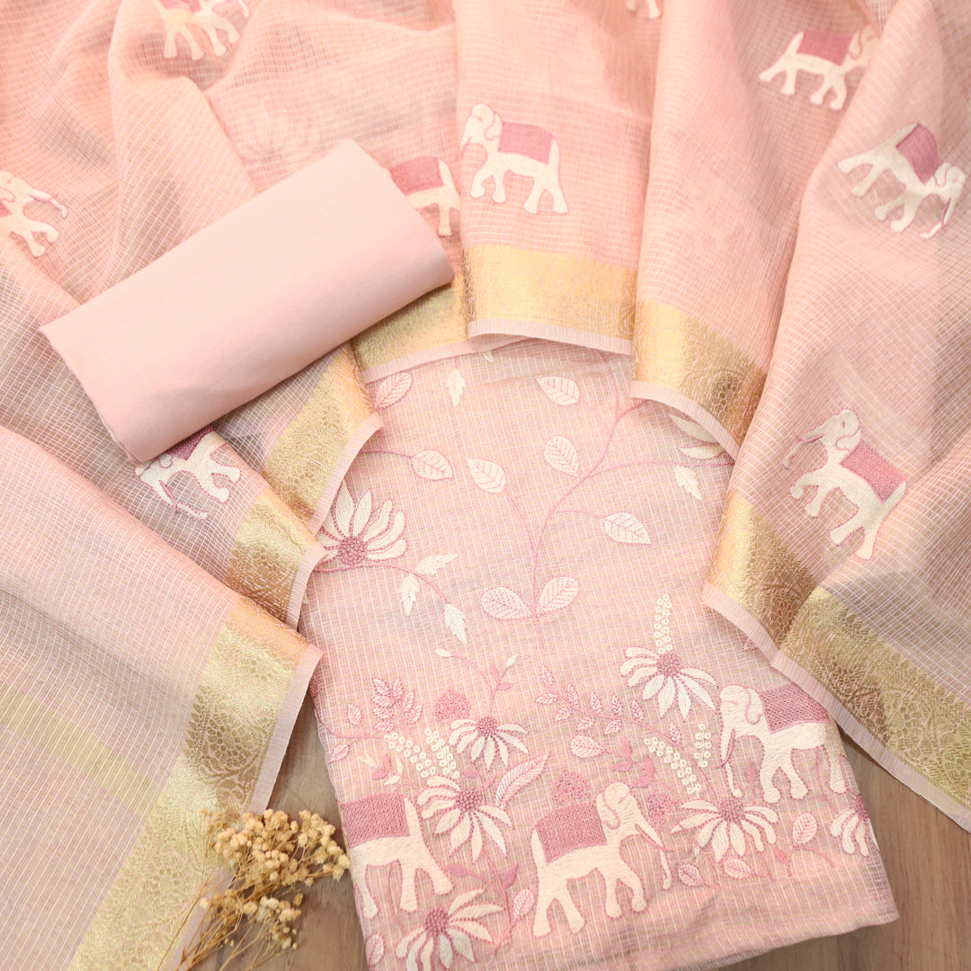 Kudiye Sprinkle Pink Gajj Embroidered Shimmer Tissue Kota Doriya Set