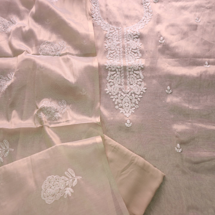 Bareli Beige with Thread Embroidered Neck Work Shimmer Tissue Linen Set
