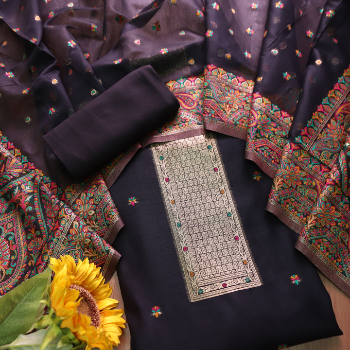 Hamsafar Ebony Black Thread with Zari Authentic Jamdani Weaved Hem Suit Set